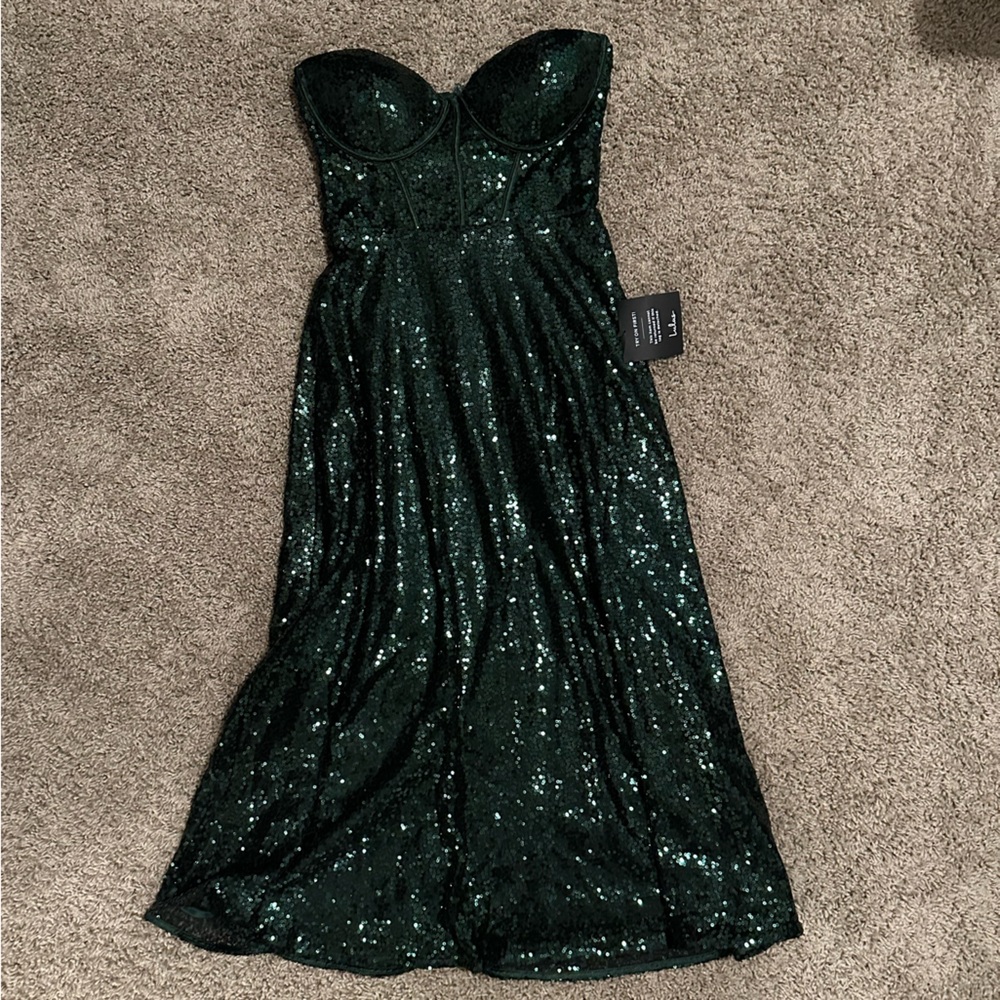 Lulu's Deep Green Sequin Strapless Corset fit and flare Dress